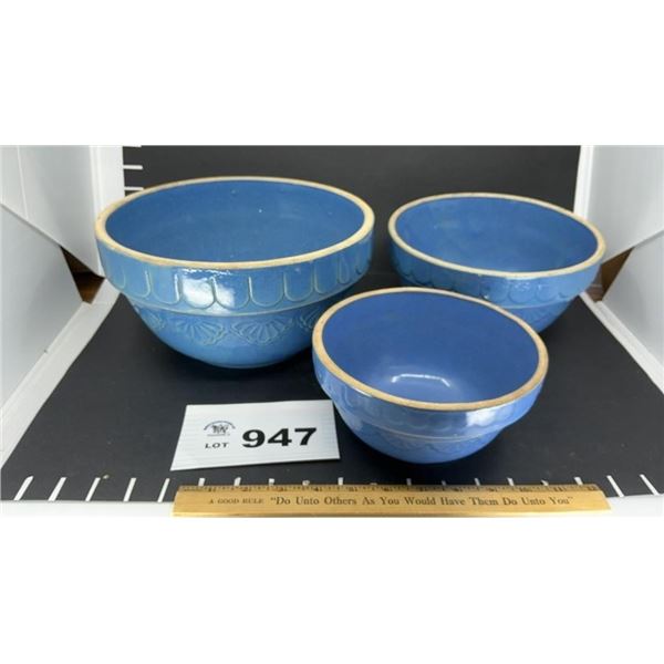 VINTAGE BLUE GLAZE STONEWARE BOWLS SET OF 3