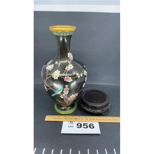 BRASS JINGFA VASE W WOOD BASE 13 inch