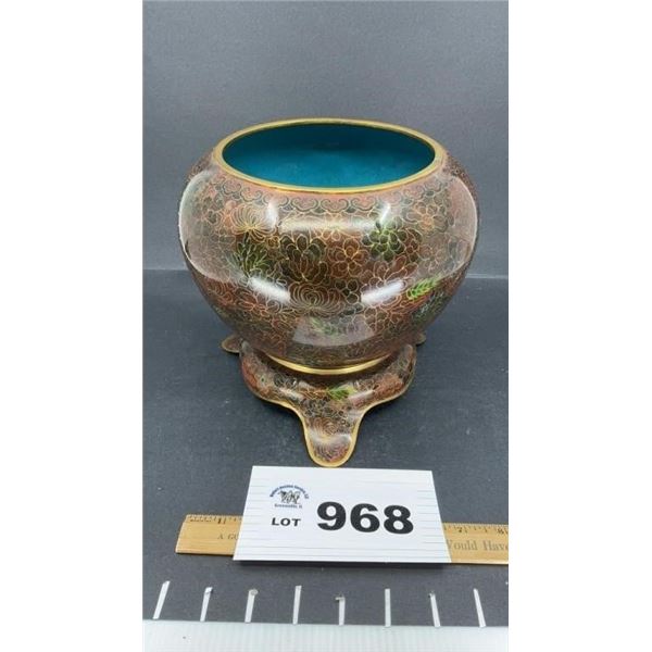 BRASS ORIENTAL VASE W BRASS BASE 8 inch tall