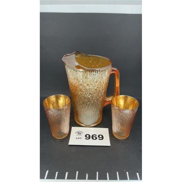MARIGOLD CARNIVAL WARE GLASS PITCHER,  2 GLASSES
