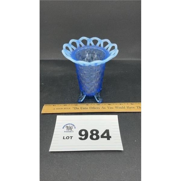 FENTON BLUE OPALESCENT GLASS BASKET WEAVE OPEN