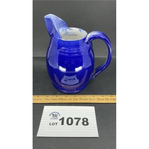 BLUE GLAZED POTTERY PITCHER 8 inches tall