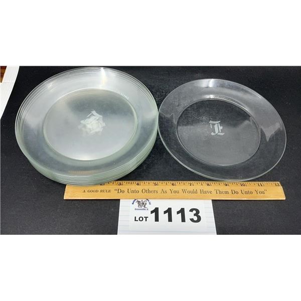 VINTAGE CLEAR GLASS MONOGRAMED SALAD PLATES 8