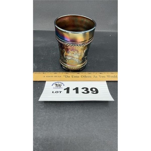 DUGAN CARNIVAL GLASS PEACOCK TUMBLER chipped on