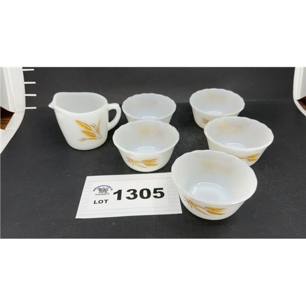 FIRE KING WHEAT CUSTARD BOWLS, CREAM PITCHER