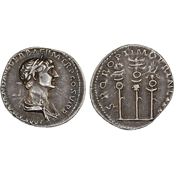 ROMAN EMPIRE: Trajan, 98-117 AD, AR denarius (3.25g), Rome, 112-114 AD, Choice VF