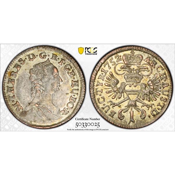 AUSTRIA: Maria Theresa, 1717-1780, BI kreuzer, Vienna, 1752, PCGS graded AU58