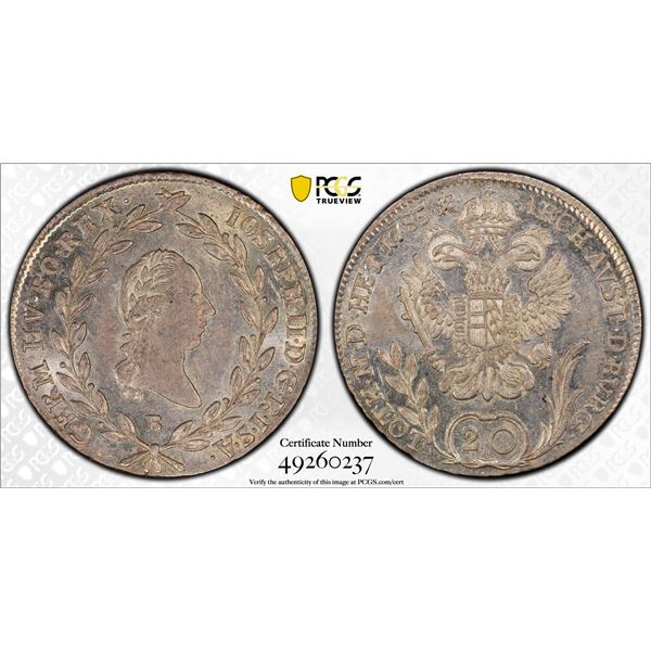 AUSTRIA: Joseph II, 1780-1790, AR 20 kreuzer, 1785-B, PCGS graded MS62