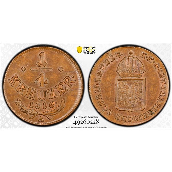 AUSTRIA: Franz I, 1804-1835, AE 1/4 kreuzer, 1816-A, PCGS graded MS63 BN