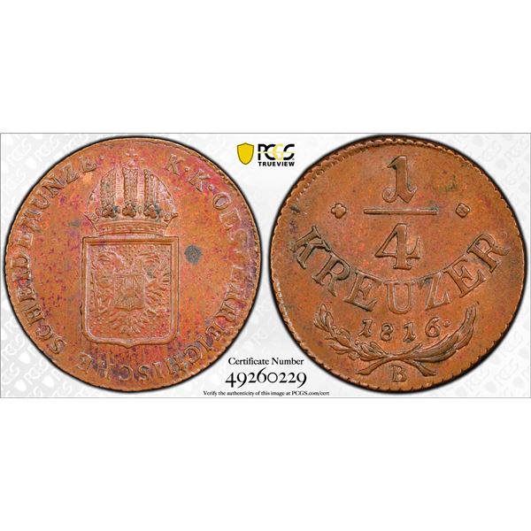 AUSTRIA: Franz I, 1804-1835, AE 1/4 kreuzer, 1816-B, PCGS graded MS62 BN