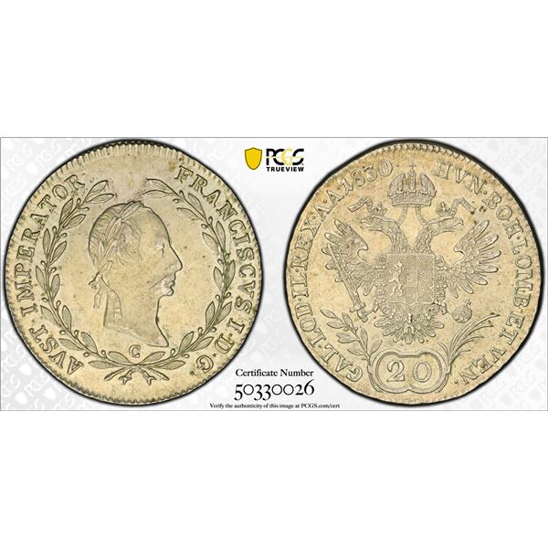 AUSTRIA: Franz I, 1804-1835, AR 20 kreuzer, Prague, 1830-C, PCGS graded MS62