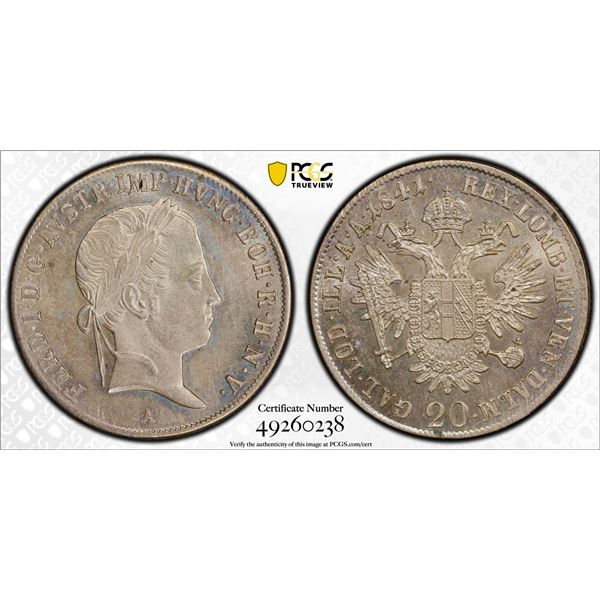 AUSTRIA: Ferdinand I, 1835-1848, AR 20 kreuzer, 1841-A, PCGS graded MS63
