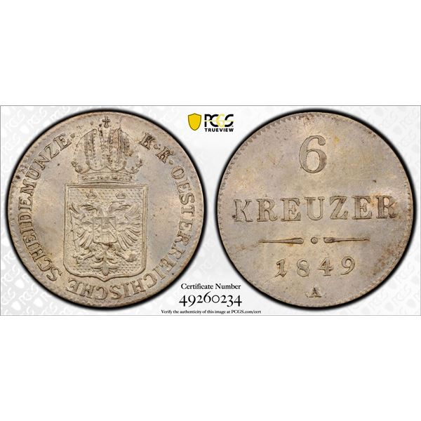 AUSTRIA: Franz Joseph I, 1848-1916, AR 6 kreuzer, 1849-A, PCGS graded MS63
