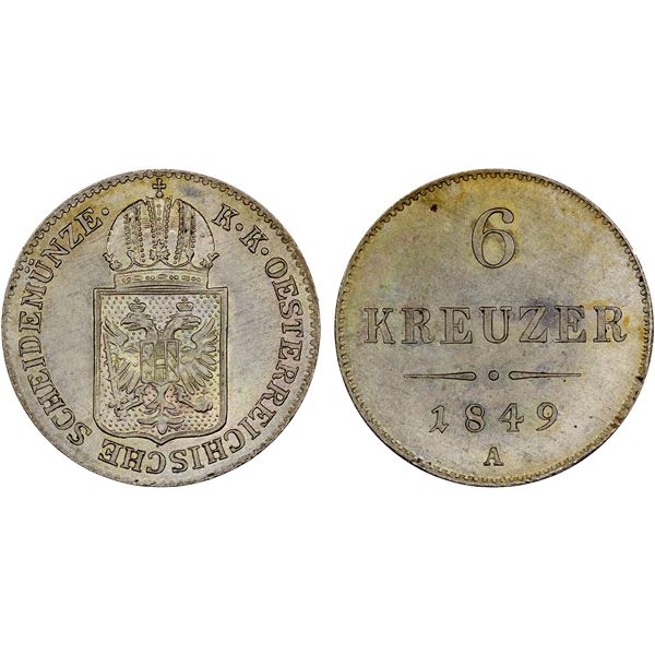 AUSTRIA: Franz Joseph I, 1848-1916, AR 6 kreuzer, 1849-A, Unc