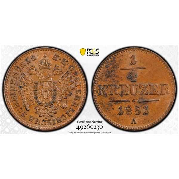 AUSTRIA: Franz Joseph I, 1848-1916, AE 1/4 kreuzer, 1851-A, PCGS graded MS63 BN