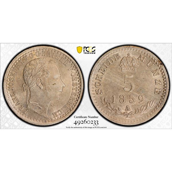 AUSTRIA: Franz Joseph I, 1848-1916, AR 5 kreuzer, 1859-A, PCGS graded MS62