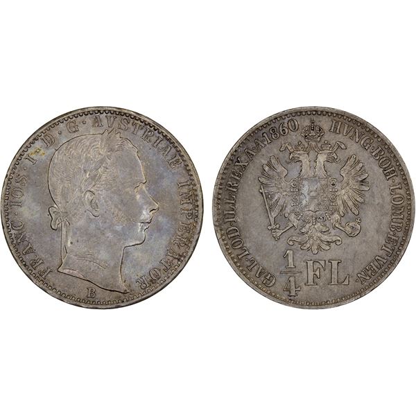 AUSTRIA: Franz Joseph I, 1848-1916, AR 1/4 florin, 1860-B, About Unc