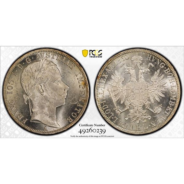 AUSTRIA: Franz Joseph I, 1848-1916, AR florin, 1860-A, PCGS graded MS63