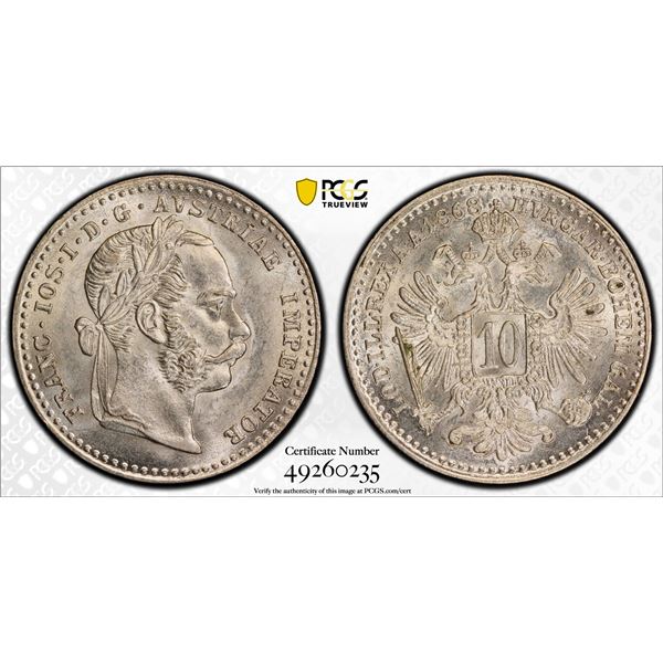 AUSTRIA: Franz Joseph I, 1848-1916, AR 10 kreuzer, 1868, PCGS graded MS64