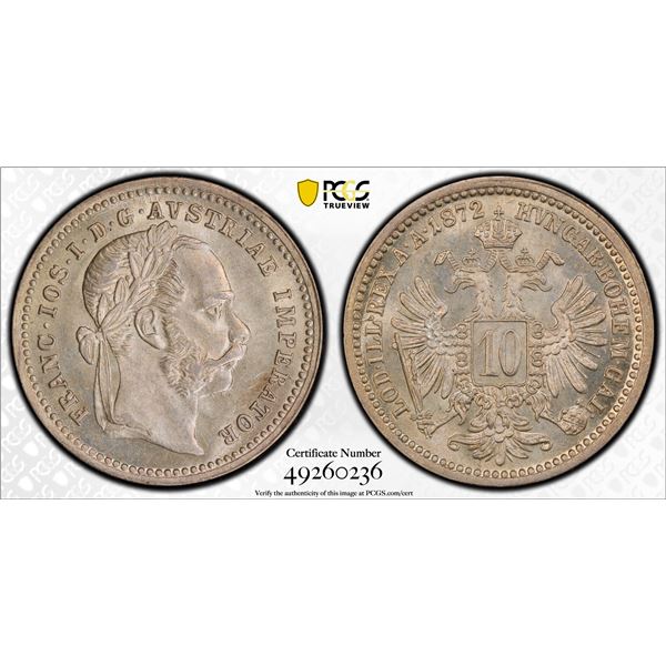 AUSTRIA: Franz Joseph I, 1848-1916, AR 10 kreuzer, 1872, PCGS graded MS64
