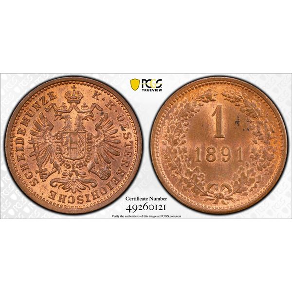 AUSTRIA: Franz Joseph I, 1848-1916, AE kreuzer, 1891, PCGS graded MS64 RB