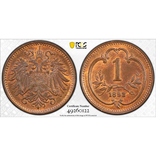 AUSTRIA: Franz Joseph I, 1848-1916, AE heller, 1893, PCGS graded MS65 RB