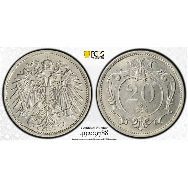 AUSTRIA: Franz Joseph I, 1848-1916, 20 heller, 1894, PCGS graded MS64 RB