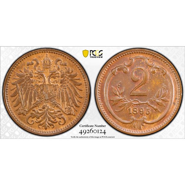 AUSTRIA: Franz Joseph I, 1848-1916, AE 2 heller, 1895, PCGS graded MS64 BN
