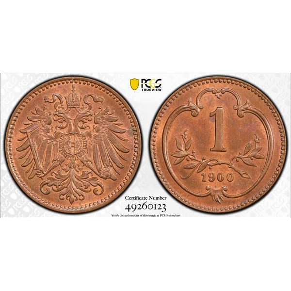 AUSTRIA: Franz Joseph I, 1848-1916, AE heller, 1900, PCGS graded MS65 RB