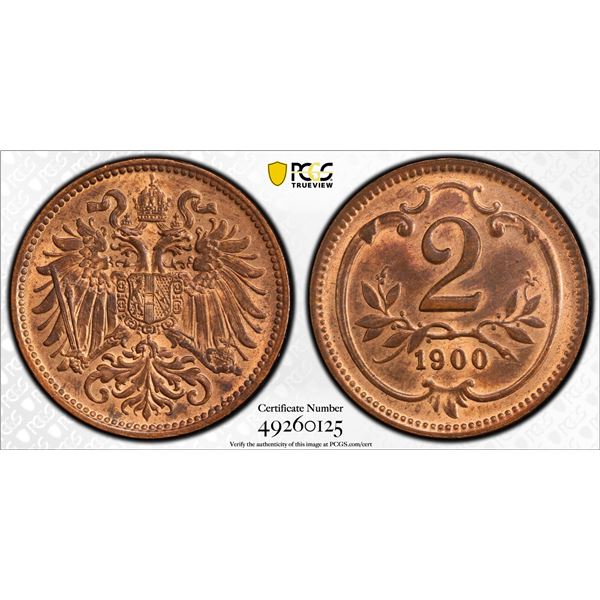 AUSTRIA: Franz Joseph I, 1848-1916, AE 2 heller, 1900, PCGS graded MS64 RB