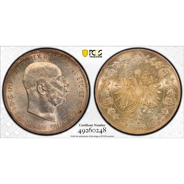AUSTRIA: Franz Joseph I, 1848-1916, AR 5 corona, 1909, PCGS graded MS62