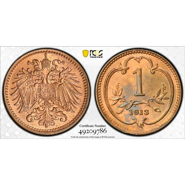 AUSTRIA: Franz Joseph I, 1848-1916, AE heller, 1913, PCGS graded MS64 RB