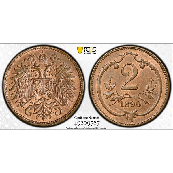 AUSTRIA: Franz Joseph I, 1848-1916, AE 2 heller, 1913, PCGS graded MS64 RB