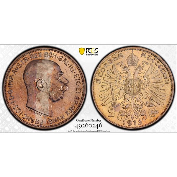 AUSTRIA: Franz Joseph I, 1848-1916, AR 2 corona, 1913, PCGS graded MS62