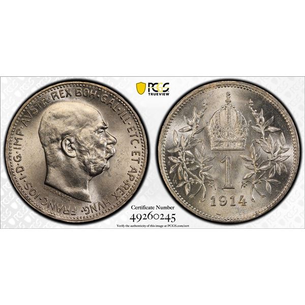 AUSTRIA: Franz Joseph I, 1848-1916, AR corona, 1914, PCGS graded MS64