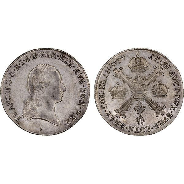 AUSTRIAN NETHERLANDS: Francis II, 1792-1797, AR 1/4 kronenthaler, Kremnitz Mint, 1795-B, XF