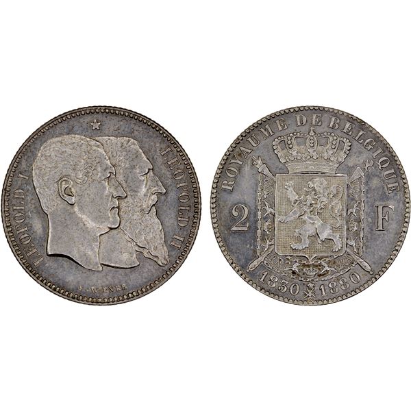 BELGIUM: Leopold II, 1865-1909, AR 2 francs (2 frank), 1880, XF to AU