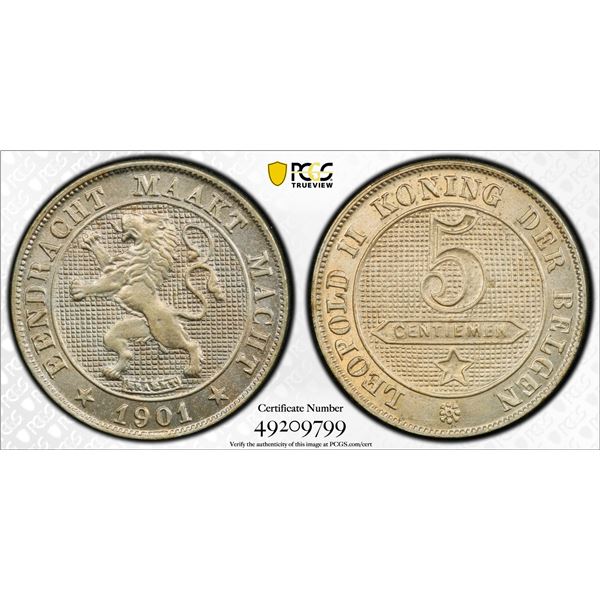 BELGIUM: Leopold II, 1865-1909, 5 centimes, 1901, PCGS graded MS64