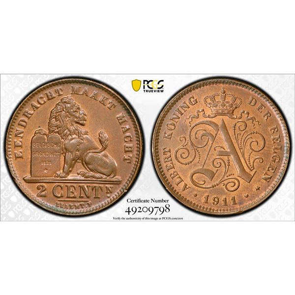 BELGIUM: Albert I, 1909-1934, AE 2 centimes, 1911, PCGS graded MS64 RB