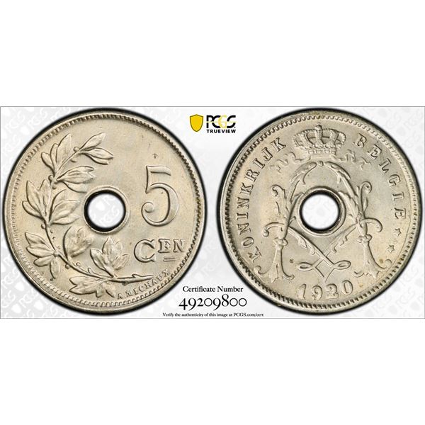 BELGIUM: Albert I, 1909-1934, 5 centimes, 1920/10, PCGS graded MS65