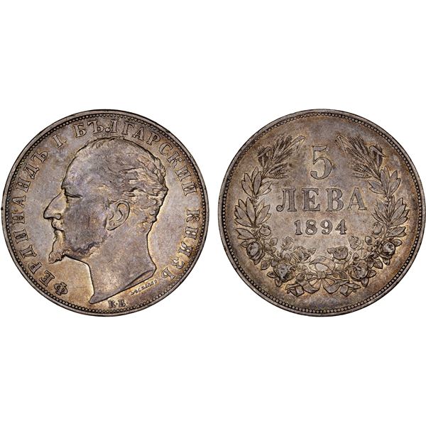 BULGARIA: Ferdinand I, 1887-1908, AR 5 leva, 1894-KB, XF