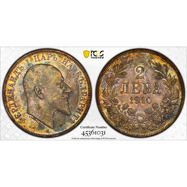 BULGARIA: Ferdinand I, 1887-1918, AR 2 leva, 1910, PCGS graded About Unc details