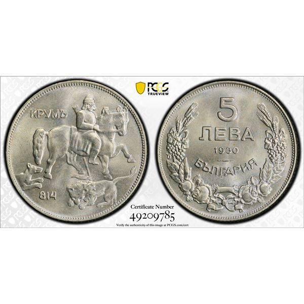 BULGARIA: Boris III, 1918-1943, 5 leva, 1930, PCGS graded MS64