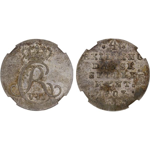 DENMARK: Christian VII, 1766-1808, AR 4 skilling, Altona, 1807, NGC graded MS62