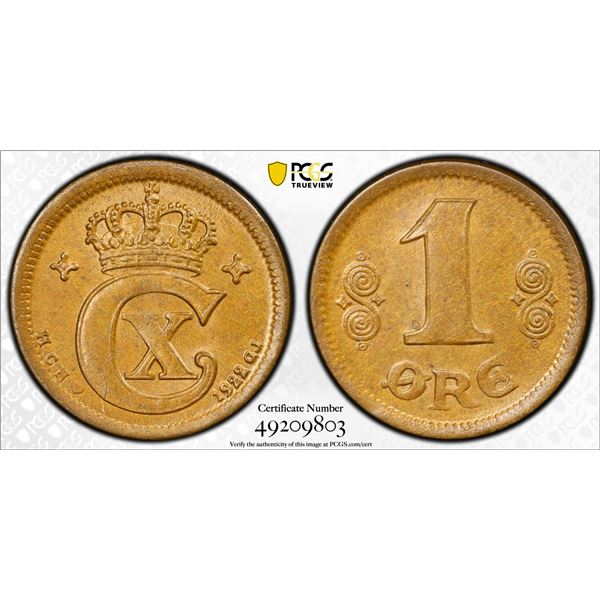 DENMARK: Christian X, 1912-1947, AE ore, 1922, PCGS graded MS65 BN