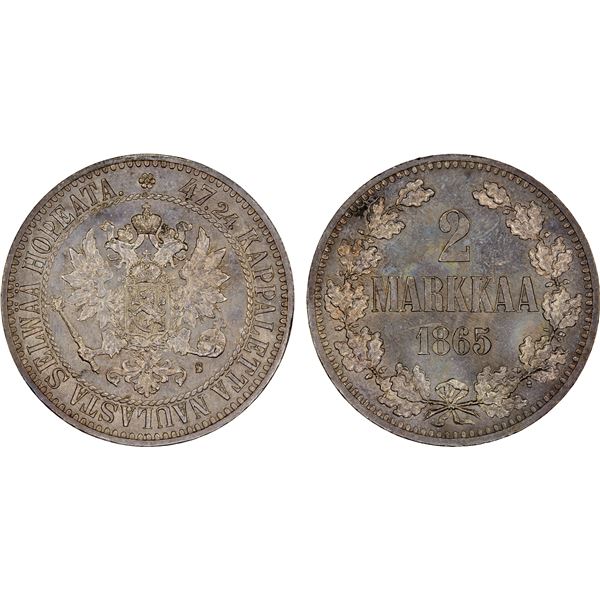FINLAND: Alexander II, 1855-1881, AR 2 markkaa, 1865, About Unc