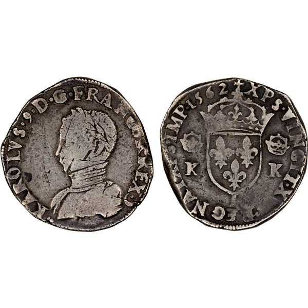 FRANCE: Charles IX, 1560-1574, AR teston, Bayonne, 1562-L, Fine