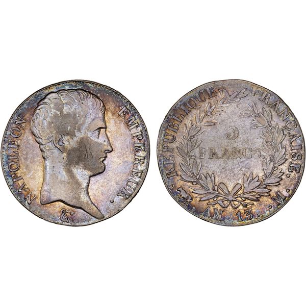 FRANCE: Napoleon I, as Emperor, 1804-1814 & 1815, AR 5 francs, Toulouse, AN 13-M (1804), Fine to VF