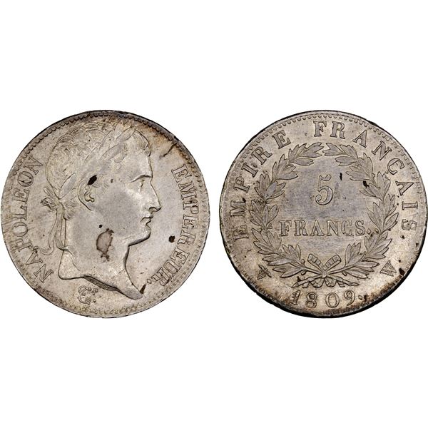 FRANCE: Napoleon I, as Emperor, 1804-1814 & 1815, AR 5 francs, Lille, 1809-W, XF