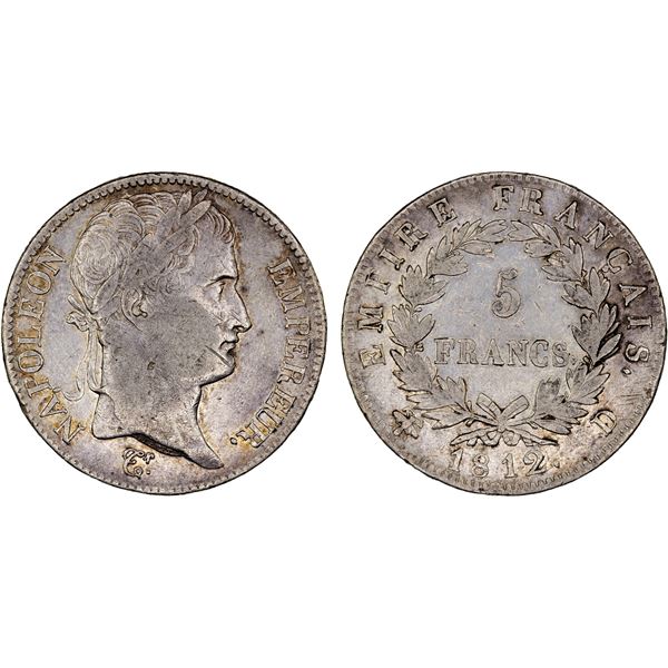 FRANCE: Napoleon I, as Emperor, 1804-1814 & 1815, AR 5 francs, Lyon, 1812-D, VF